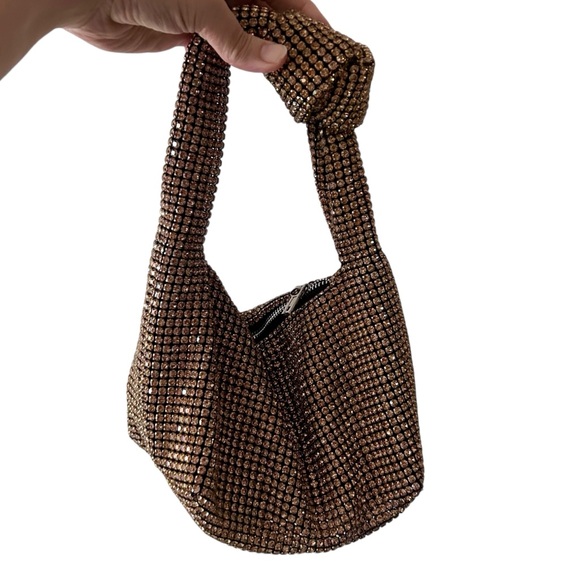 Gold Rhinestone Knot Handle Shoulder Bag Y2K Holiday Party Evening Purse - Picture 11 of 11